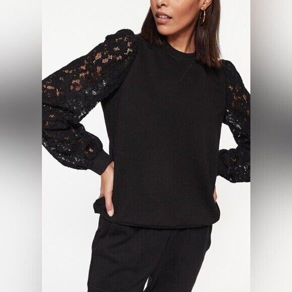Cami NYC Risa Sweatshirt Black Velvet Lace Sleeves Puff Shoulder SZ M NWT - Picture 3 of 9
